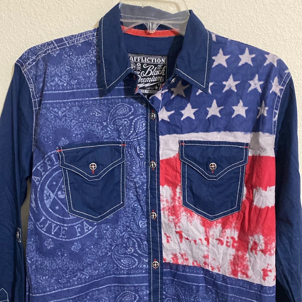 AFFLICTION Black Premium Women's Patriotic Woven Long Sleeve Shirt Size M